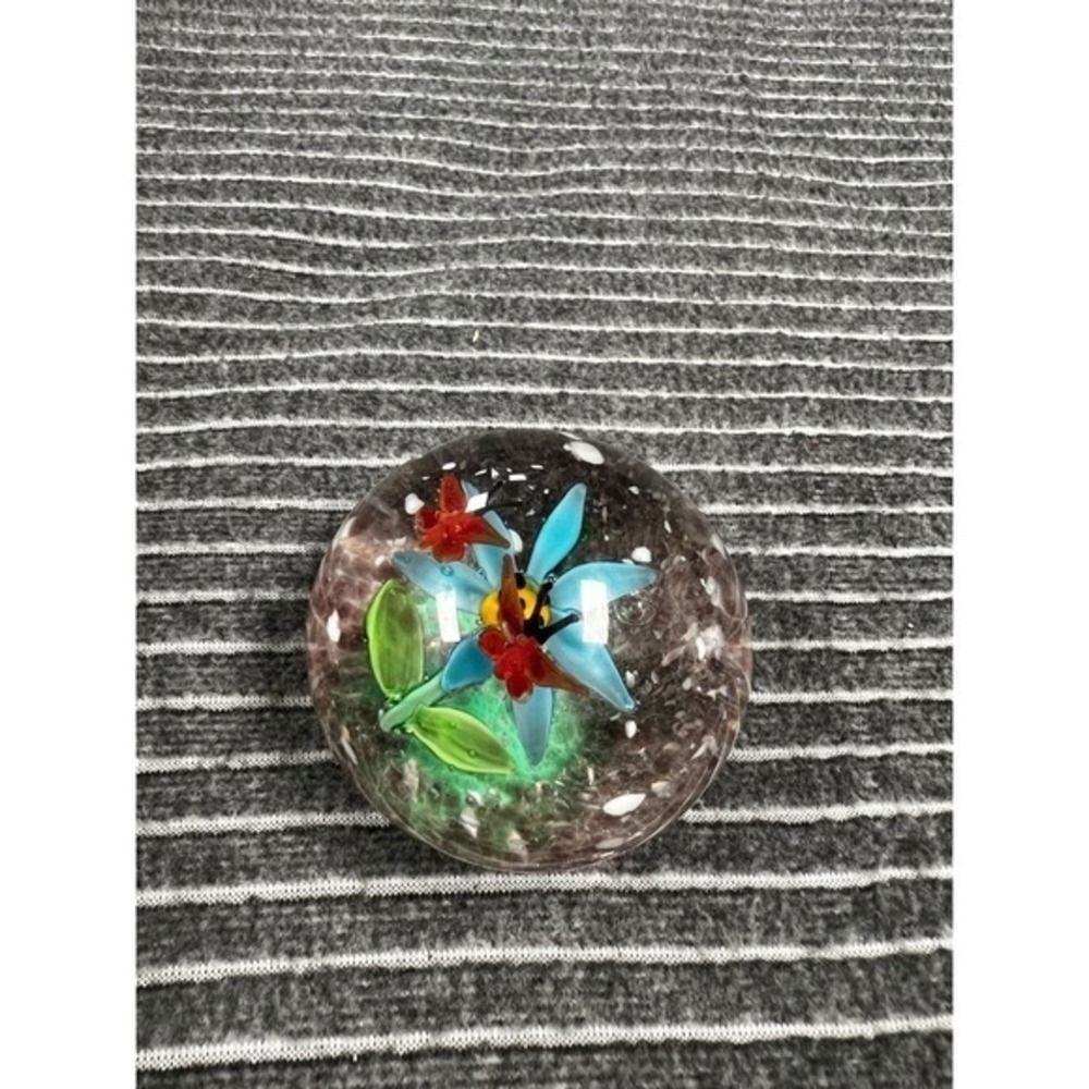 Vintage Art Glass Paperweight Blue Flower Red Butterflies Ladybug Bubbles